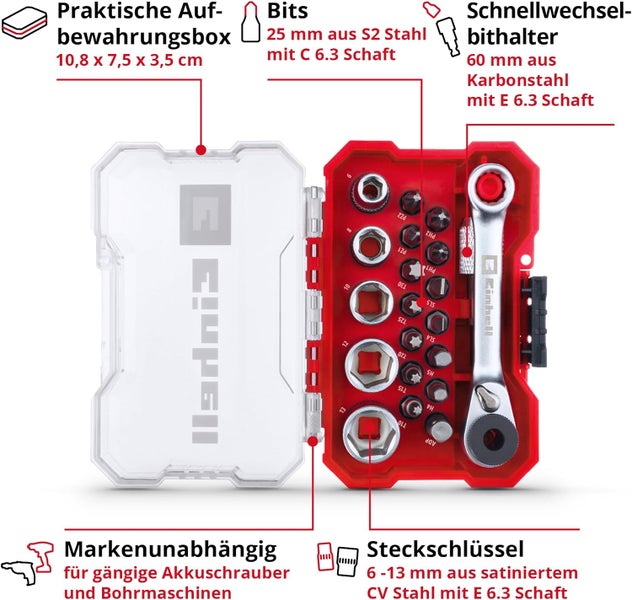 Einhell XS-CASE 21-tlg. Bit- und Steckschlüssel-Set (25-mm-Bits, Steckschlüssel, Schnellwechselbithalter, Adapter, Umschaltknarre inkl. Aufbewahrungsbox)