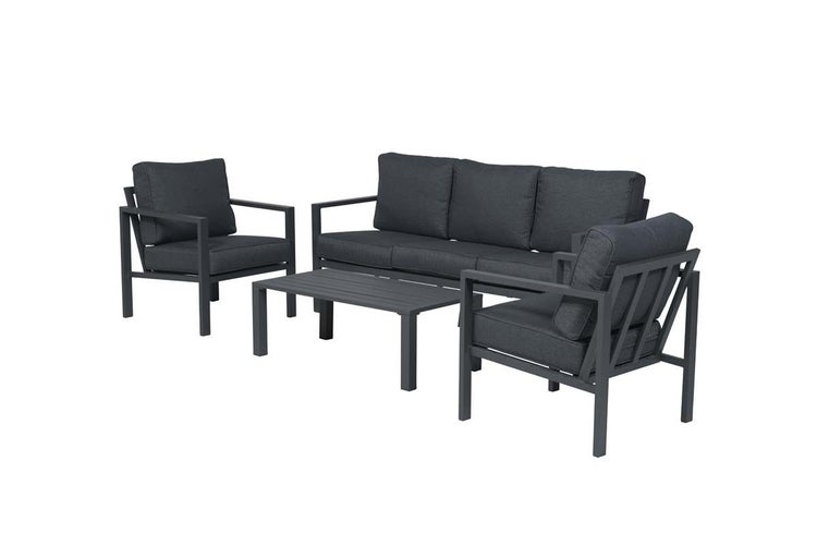 Modernes Garten-Lounge-Set aus Metall mit einem Dreisitzer-Sofa, zwei Sesseln, einem Tisch und dunkelgrauen Polstern.