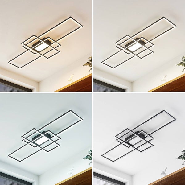 Moderne LED Deckenleuchte mit geometrischen schwarzen Rahmen, vier verschiedene Farbtemperaturen von warmweiß bis tageslichtweiß.