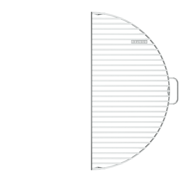 Halbrunder Grillrost aus Metall mit Griff und BonFeu Logo.