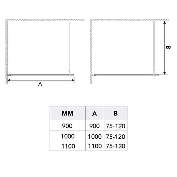 Technische Zeichnung für einziehbare Kleiderstange mit den Maßen A und B in Millimetern.