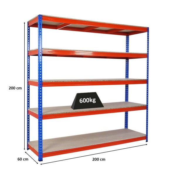 PROREGAL Profi Schwerlastregal Bison HxBxT 200 x 200 x 60 cm 5 Spanplatten-Ebenen 16mm Fachlast 600 kg Blau-Orange