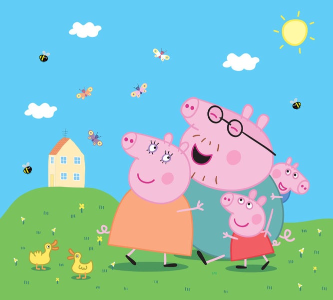 Illustration der Peppa Pig Familie in einer sonnigen Landschaft mit Haus, Blumen und fliegenden Insekten