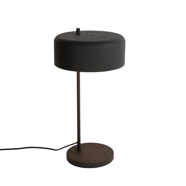 Schwarze Tischleuchte mit rundem Lampenschirm und Fuß