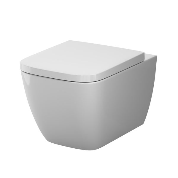 Wand-Tiefspül-WC mit WC-Sitz in quadratischem Design aus Keramik für die Wandmontage.