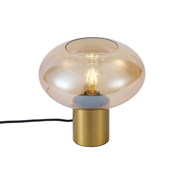 Tischleuchte mit rundem Glasschirm in Bernsteinoptik und zylindrischem Metallfuß in Gold.