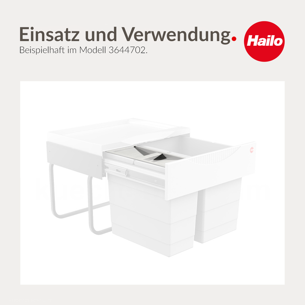 Hailo Logo. Ausziehbares Mülltrennsystem mit zwei Behältern als Anwendungsbeispiel.