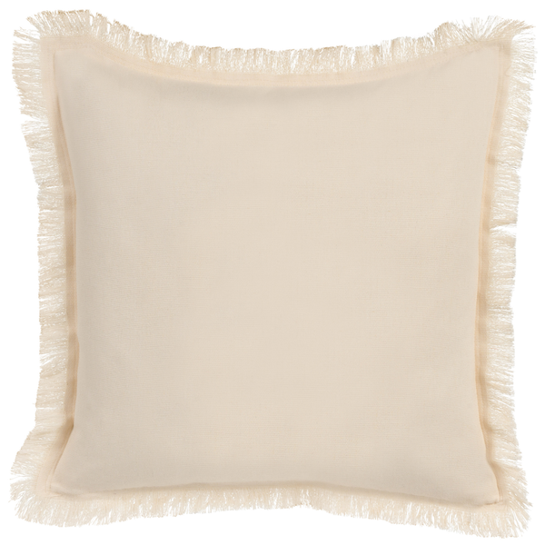 Quadratisches Dekokissen in Creme mit Fransenrand.