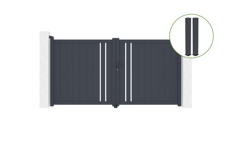 Flügeltor 3m GIONA H.160cm graues Aluminium + 2 Pfosten 20x20cm H.190cm