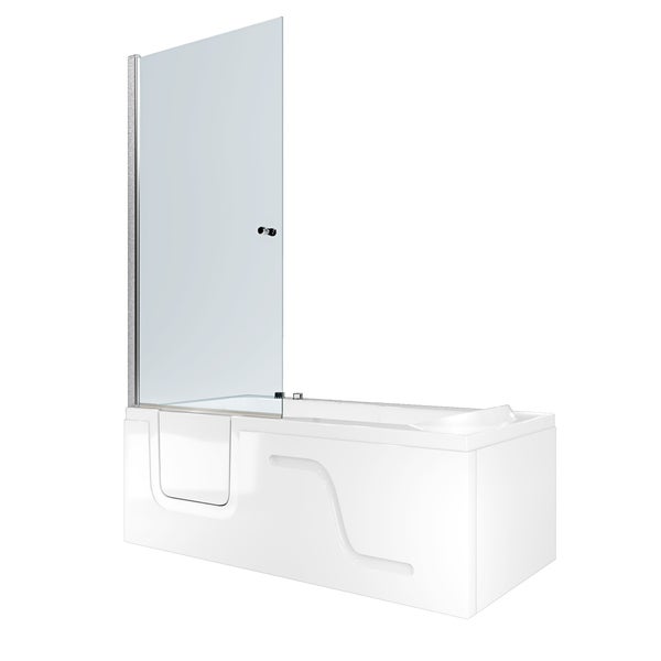 Badewanne mit integrierter Einstiegstür und Duschabtrennung aus Glas, weiß.