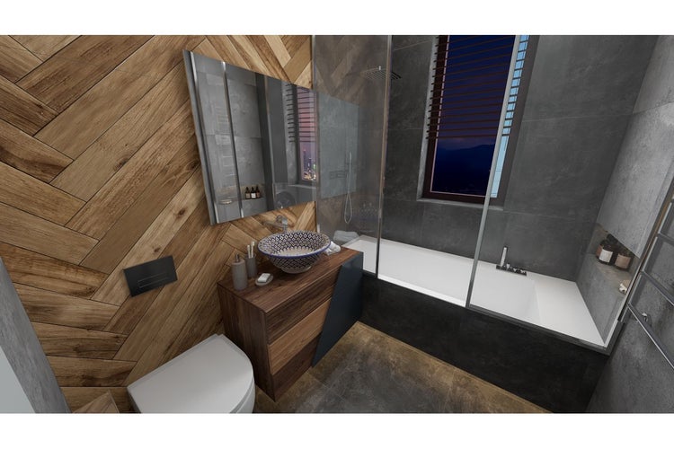 Badezimmer mit Dusche, Badewanne, Waschtisch, Spiegel und Toilette