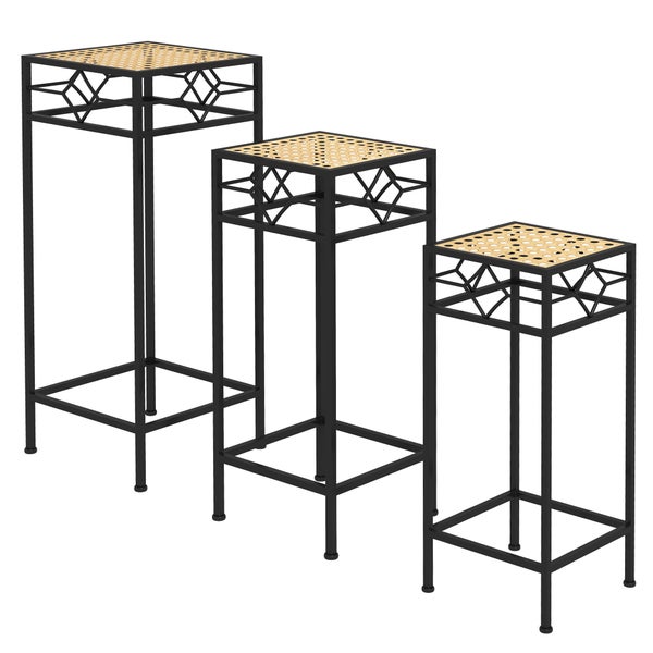 Dekorative Pflanzhocker im 3er Set aus Metall mit Rattanablage für den Innen- und Außenbereich