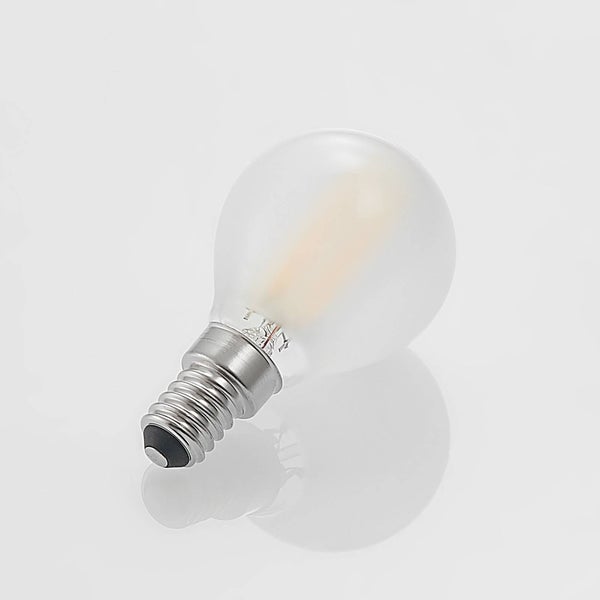 LED Filament Tropfenlampe mit E14 Sockel und mattem Glas.