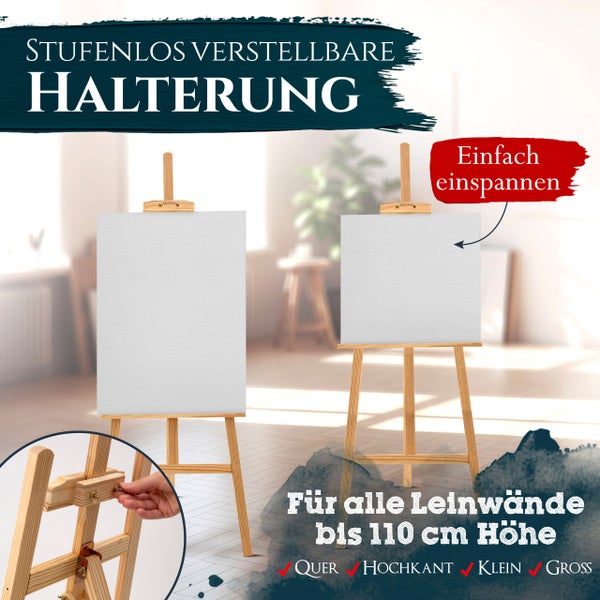 Stufenlos verstellbare Artina Staffelei aus Holz für Leinwände bis 110 Zentimeter Höhe, geeignet für Hoch- und Querformate.