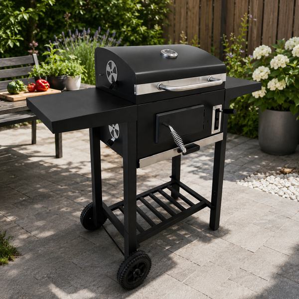 Holzkohlegrill mit Deckel, Seitenablagen und Ablagefläche auf einer Terrasse.