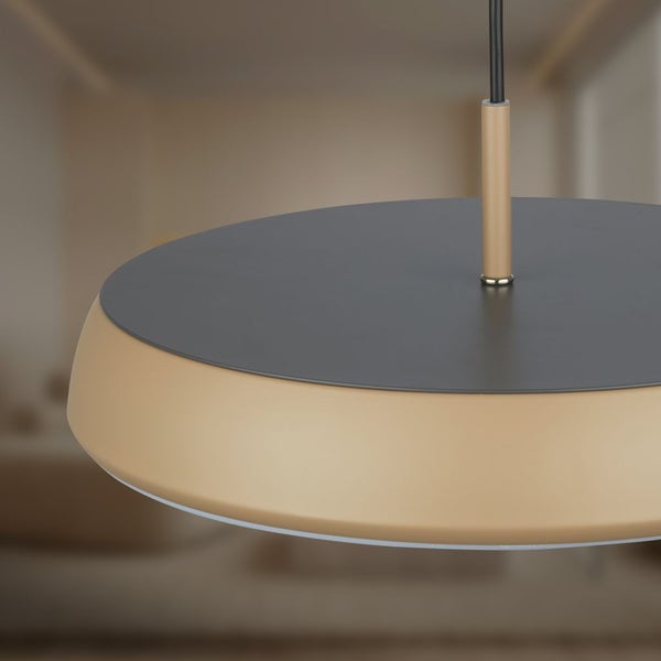 Moderne runde Pendelleuchte mit flachem Schirm und zentraler Aufhängung für eine elegante Innenbeleuchtung