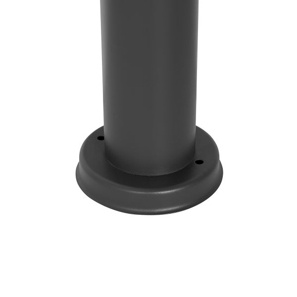 Sockel einer runden Außenleuchte aus anthrazitfarbenem Metall mit Befestigungslöchern.