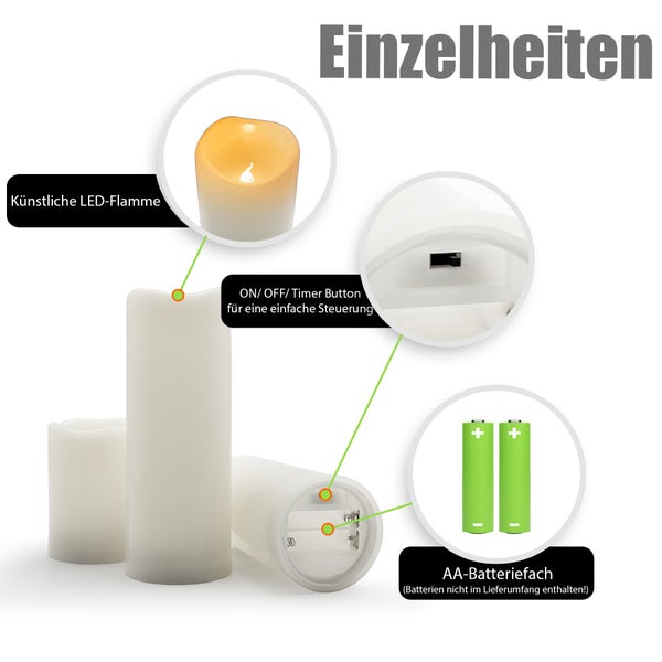 Set aus drei LED Stumpenkerzen mit künstlicher Flamme, Timerfunktion und Batteriefach für AA Batterien.