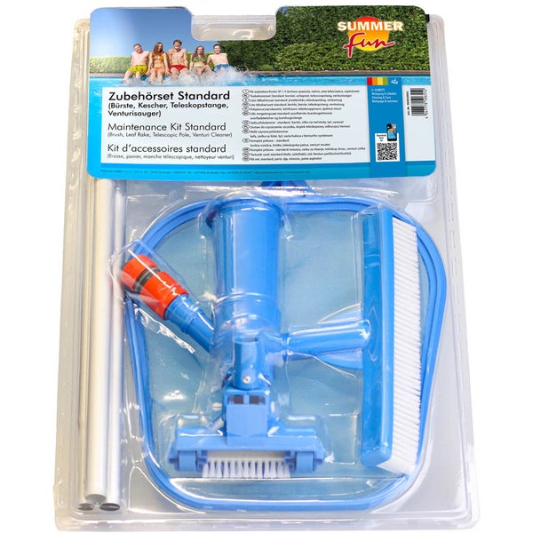 Poolreinigungsset mit Bürste, Kescher, Teleskopstange und Venturisauger in Verpackung