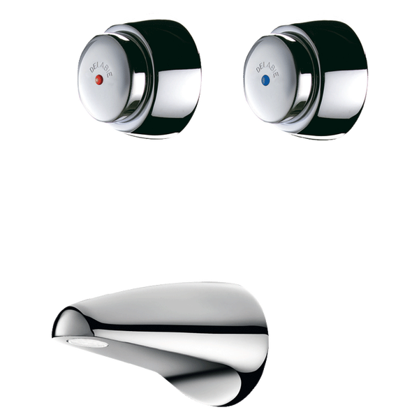 Delabie Selbstschluss-Waschtischarmatur-Set mit zwei Druckknöpfen und einem Auslauf aus verchromtem Metall.