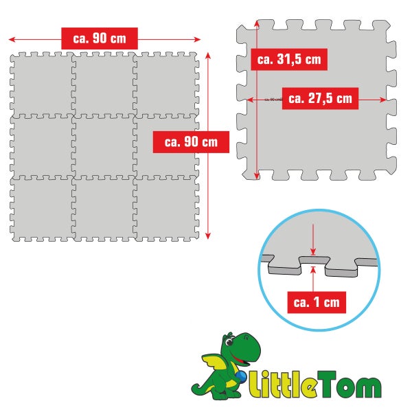 Puzzlematte Maße: Gesamt circa 90 mal 90 Zentimeter, Einzelteil circa 31,5 mal 27,5 Zentimeter, Dicke circa 1 Zentimeter. LittleTom Logo.