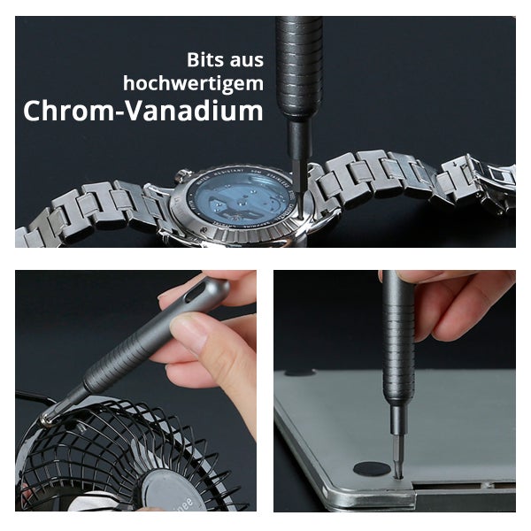 Chrom-Vanadium Schraubendreher im Einsatz an Uhr, Ventilator und Laptop
