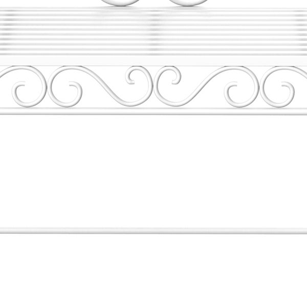 Detailansicht eines weißen Metallregals mit geschwungenem Design