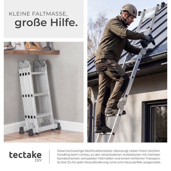 Tectake DIY Logo. Multifunktionsleiter aus Aluminium, im zusammengeklappten Zustand und beim Einsatz an einem Hausdach mit einem Akkubohrer.