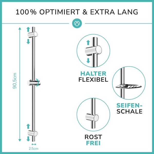 Duschstange 90cm rostfrei mit Seifenhalter - Brausestange 90 cm variable Bohrlöcher dank flexibler Wandhalterungen - universal Dusch Stange lang mit top Slider - Wandstange Dusche variabel