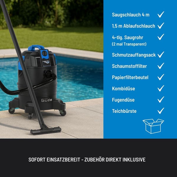 Guede Nasssauger fuer Pool und Teich mit umfangreichem Zubehoer wie Saugrohr, Saugschlauch und verschiedenen Duesen zur direkten Anwendung.