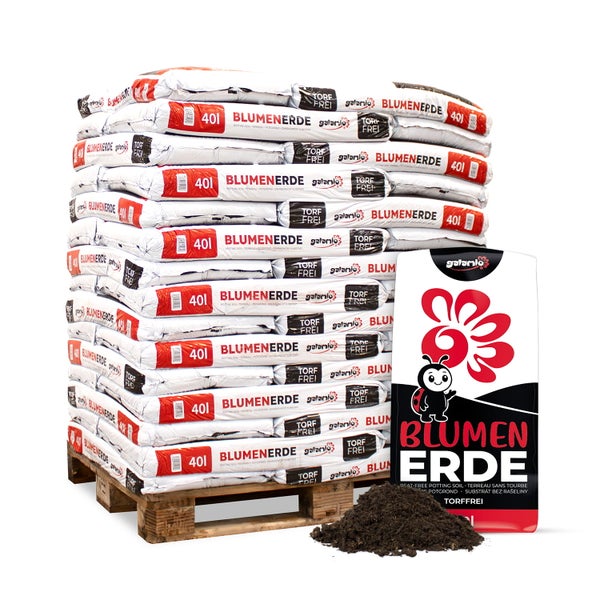 Galanio torffreie Blumenerde, 40 Liter, Palette mit Säcken und einer Probe der Erde.