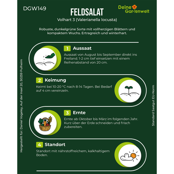 Infografik zum Feldsalat Volhart 3 mit Anleitungen zu Aussaat, Keimung, Ernte und Standort. Deine Gartenwelt Logo.
