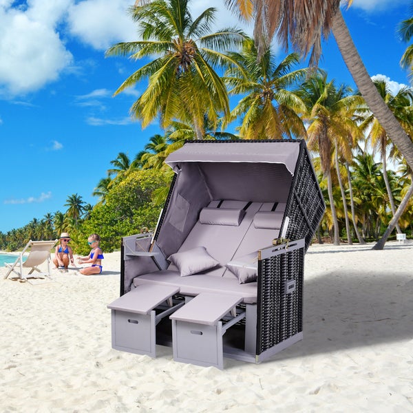 Outsunny Strandkorb Volllieger Doppelte Sonnenliege mit Dach Gartenliege Getränkehalter Chaiselounge PE Rattan Grau 118 x 79 x 50 cm