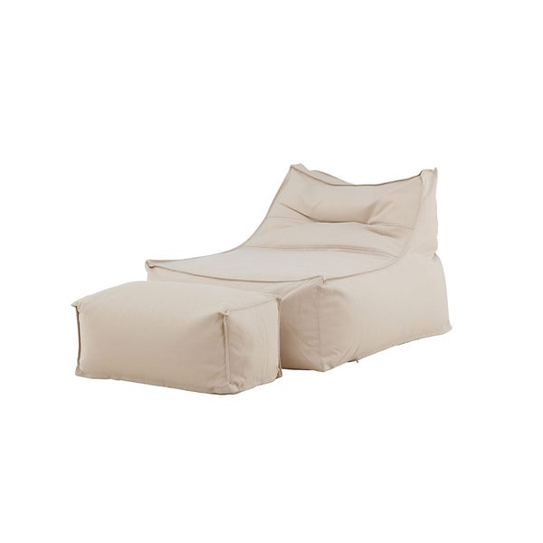 Sitzsack-Sessel mit passendem Hocker in Beige, Stoffbezug, ergonomische Form für entspanntes Sitzen.