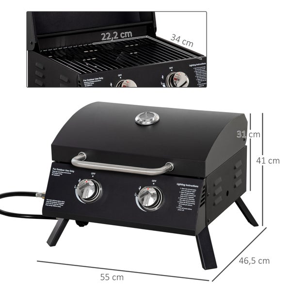 Outsunny Gasgrill, Tischgrill, mit Druckminderer und Schlauch, 55 x 46,5 x 41 cm, Edelstahl, Schwarz
