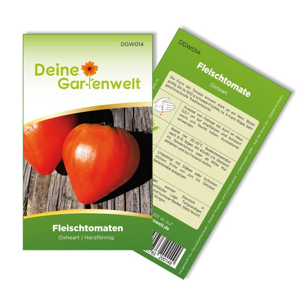 Samentüte für Fleischtomaten Oxheart von Deine Gartenwelt mit herzförmigen Tomaten auf der Vorderseite und Anbauanleitung auf der Rückseite.