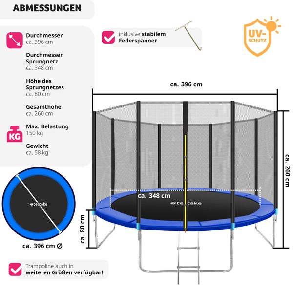 Trampolin tectake Garfunky Ø 396 cm,  GS zertifiziert inklusive Einstiegsleiter