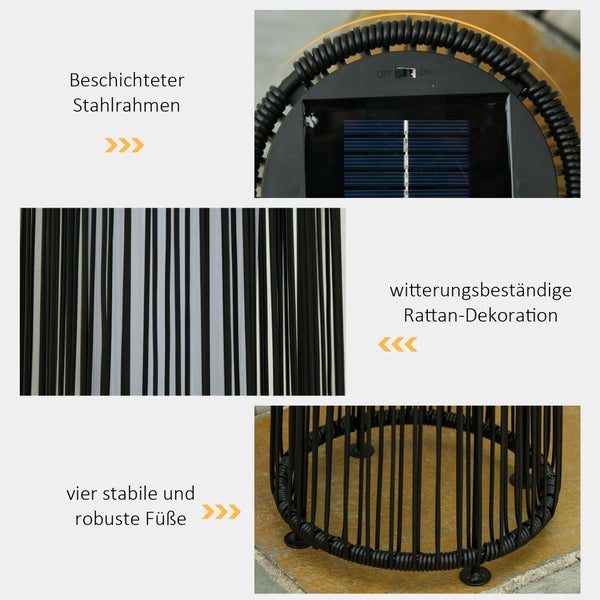 Outsunny Solarlampe, Rattan Solarleuchte mit Lichtsensor,  21,5 x 21,5 x 61 cm, Metall, Schwarz