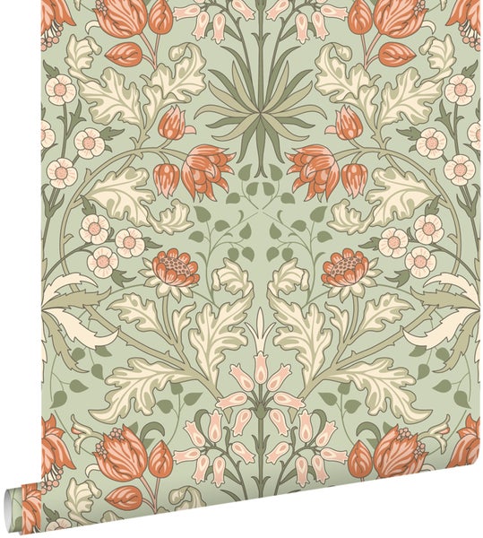 ESTAhome Tapete Blumenmuster im Jugendstil Grün und Terrakotta - 50 x 900 cm - 131180