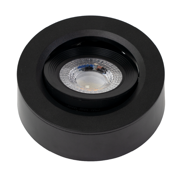 Runder LED-Aufbaustrahler in Schwarz mit schwenkbarem Leuchtkopf.