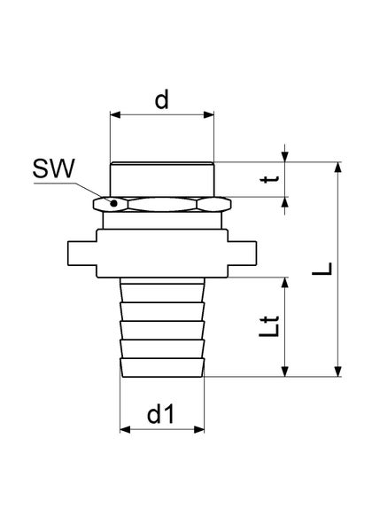 Technische Zeichnung einer Schlauchtülle mit Maßangaben für Durchmesser, Länge und Schlüsselweite.