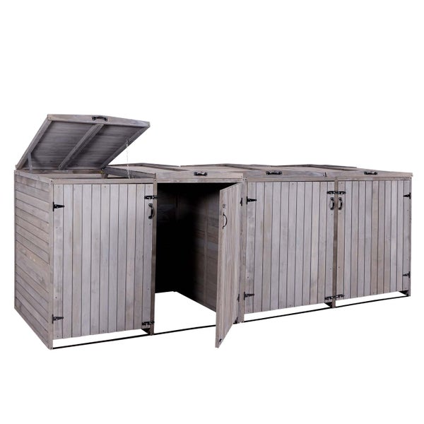 Mülltonnenbox aus Holz mit vier Fächern, Tür und Deckel