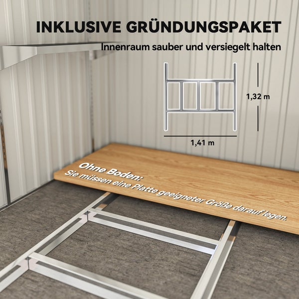 Inklusive Gründungspaket zur Sauberhaltung des Innenraums. Bodenplatte ist nicht enthalten, eine Platte muss separat eingelegt werden. Abmessungen: 1,41 Meter mal 1,32 Meter.