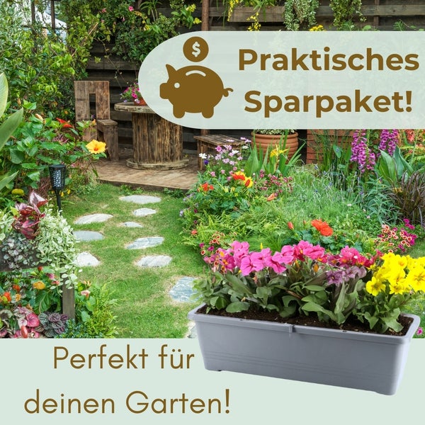 Dekorative Gartenszene mit bepflanztem Blumenkasten und dem Hinweis 'Praktisches Sparpaket!'