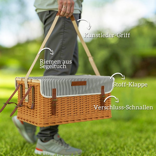 Outsunny Picknickkorb aus Weidenholz Picknickkoffer für 4 Personen mit Picknickdecke Besteck Set, Flascheöffner Picknicktisch Picknick Set Komplettset für Camping Strand Weihnachten Hellbraun