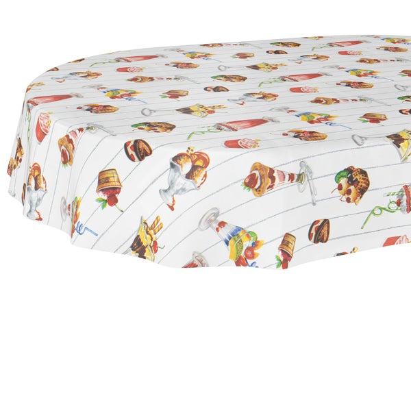 Abwischbare Wachstuchtischdecke aus PVC mit Eiscreme-Motiv und grauen Streifen.