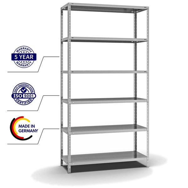 PROREGAL Fachbodenregal Schraubsystem Light-Duty Grundregal HxBxT 250 x 130 x 50 cm 6 Ebenen Fachlast 125 kg Beidseitig Nutzbar Verzinkt