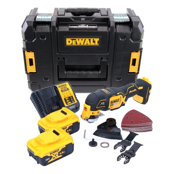 DeWalt Akku-Multitool-Set 18 Volt XR mit zwei 5,0 Amperestunden Akkus, Ladegerät, TSTAK Koffer, Schleifpapier und Sägeblättern.