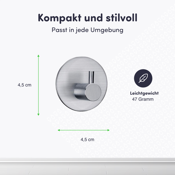 Runder Wandhaken aus Edelstahl mit den Maßen 4,5 Zentimeter mal 4,5 Zentimeter und einem Gewicht von 47 Gramm.