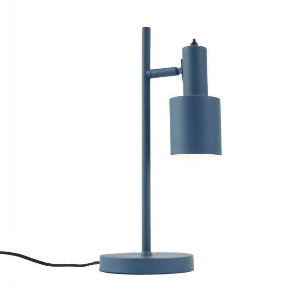 Moderne mattblaue Schreibtischlampe aus Metall mit verstellbarem zylindrischem Kopf und rundem Standfuß.
